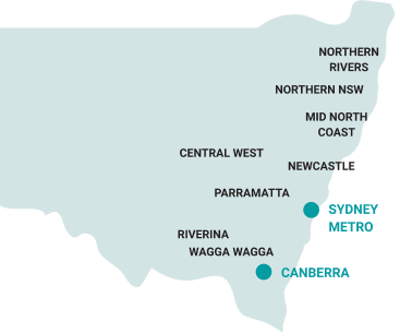 Coverage map showing Northern Rivers, Northern NSW, Mid North Coast, Central West, Newcastle, Parramatta, Riverina, Wagga Wagga, Sydney Metro and Canberra shown on a map of Australia